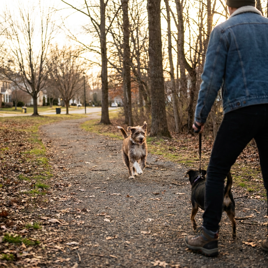 Off-leash dog approaching a leashed dog and owner on a path