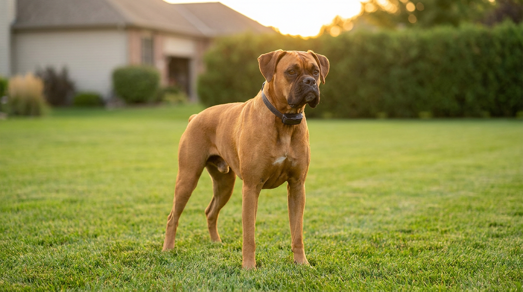 Boxer wearing a receiver collar on a lawn, wireless electric dog fence