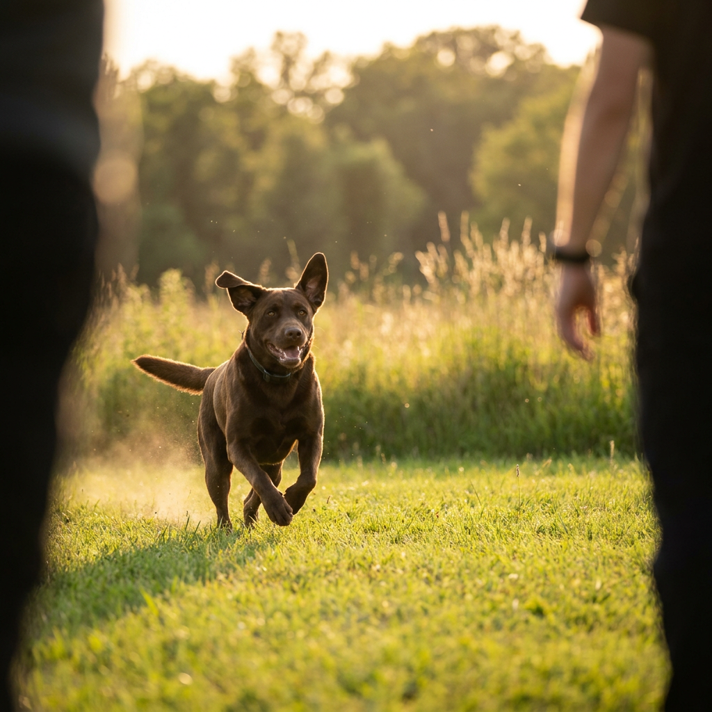 Off leash training with e collar - a Labrador recalling to its owner across an open field wearing an e-collar