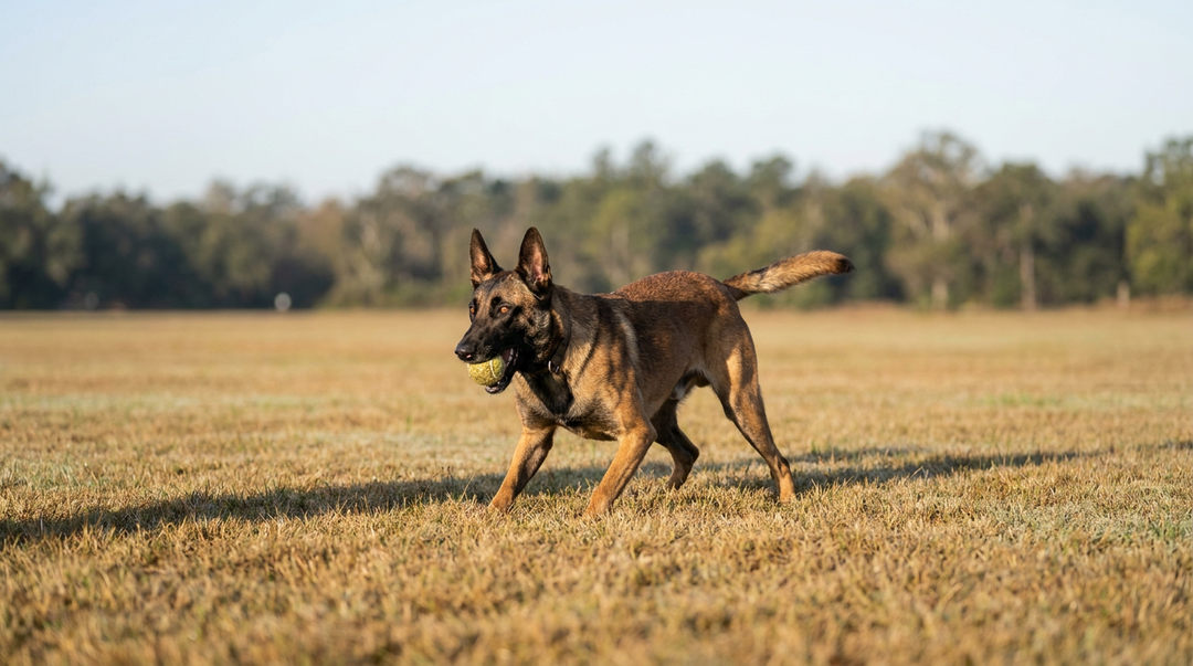 Belgian Malinois in a working stance carrying a ball on a field