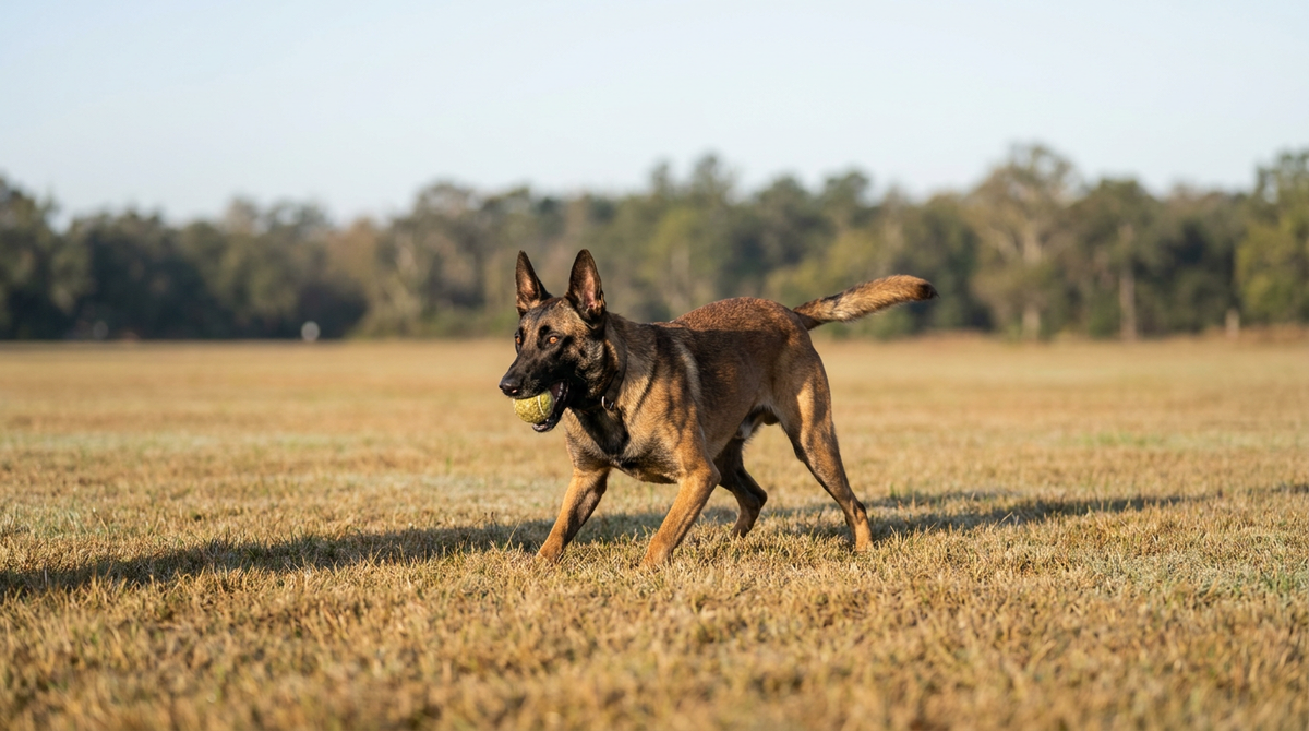 Belgian Malinois in a working stance carrying a ball on a field