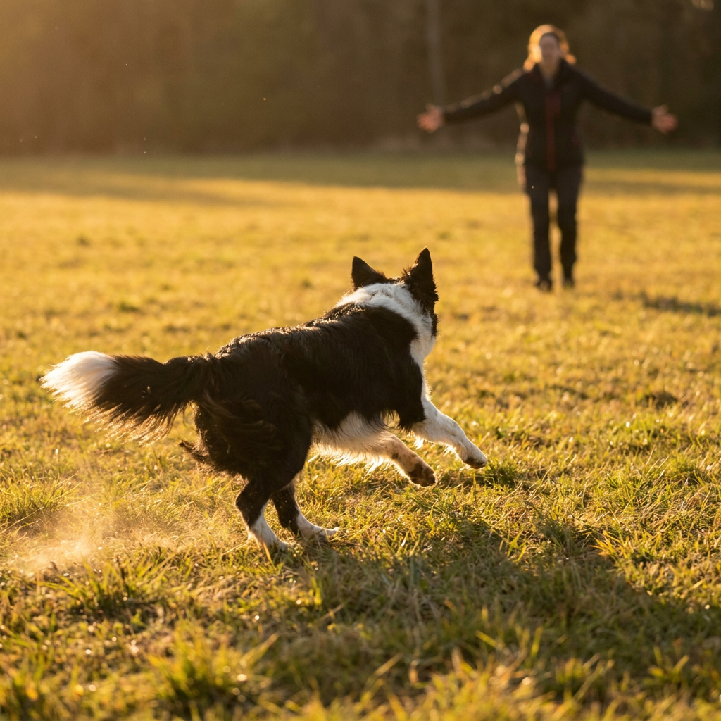 Border collie sprinting back to owner during emergency recall training
