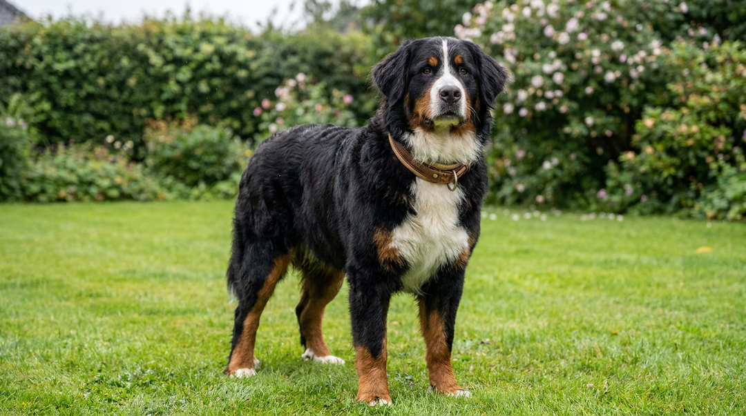 Bernese Mountain Dog wearing a heavy duty collar on a lawn