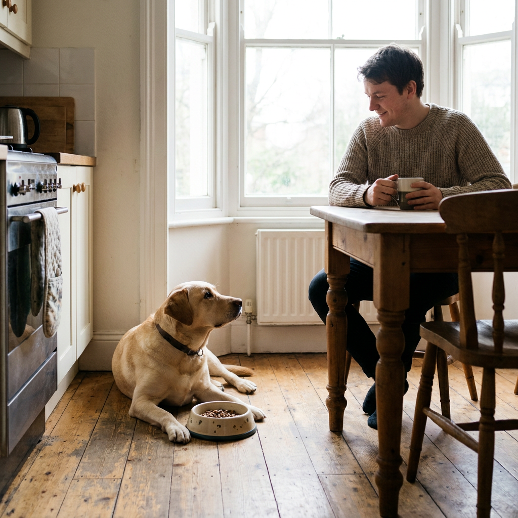 Calm Labrador Retriever beside its food bowl with owner nearby, resource guarding in dogs - INVIROX DOG TRAINING GEAR