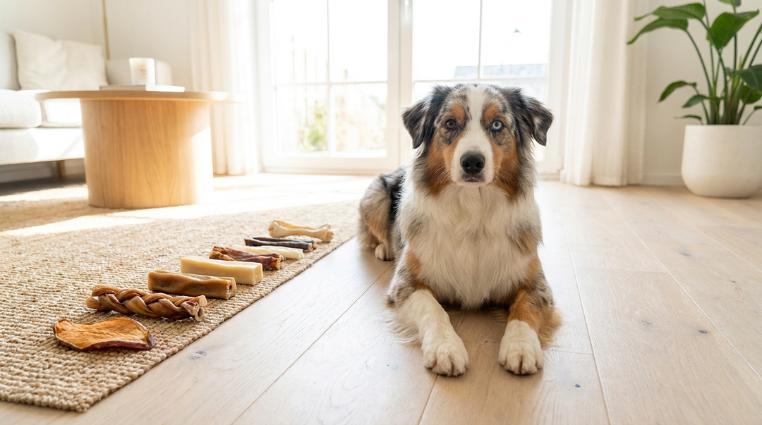 Australian Shepherd lying beside a row of natural dog chews