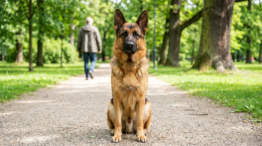 German Shepherd holding focus in a park while a person passes behind