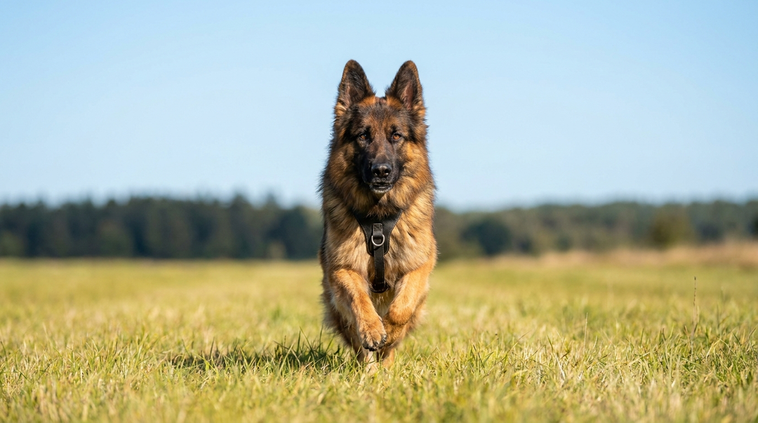 German Shepherd recalling across a field wearing a remote training collar