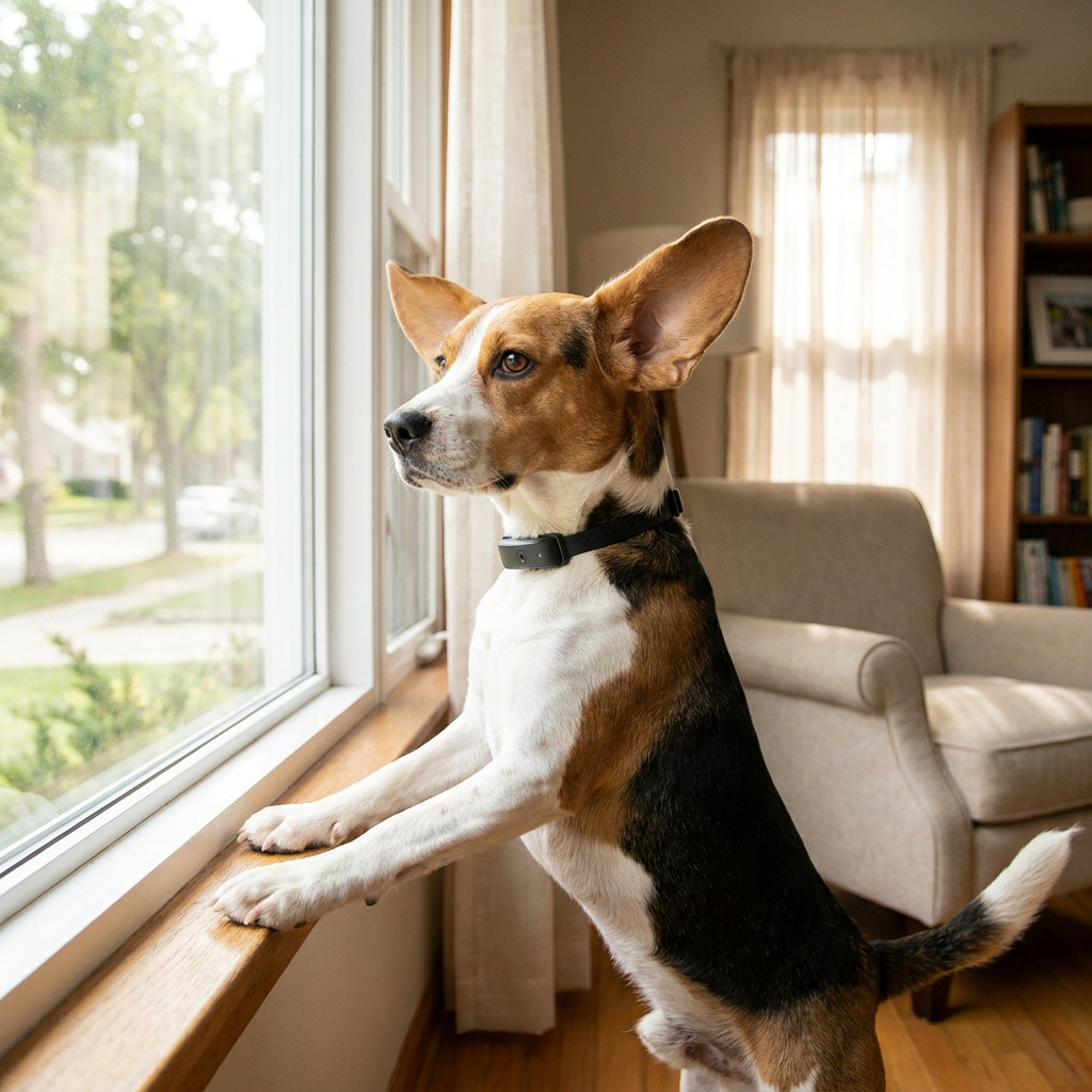 Beagle wearing an e collar for barking, standing calmly at a window - INVIROX