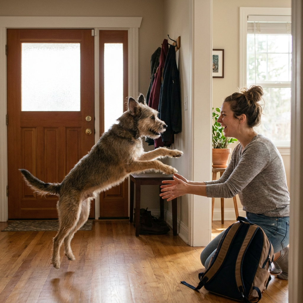 Adolescent dog jumping up to greet owner during training