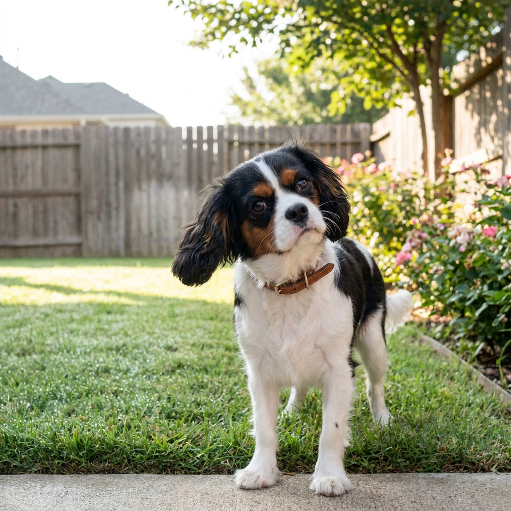 Small dog wearing a lightweight wireless dog fence collar at the edge of a backyard - INVIROX