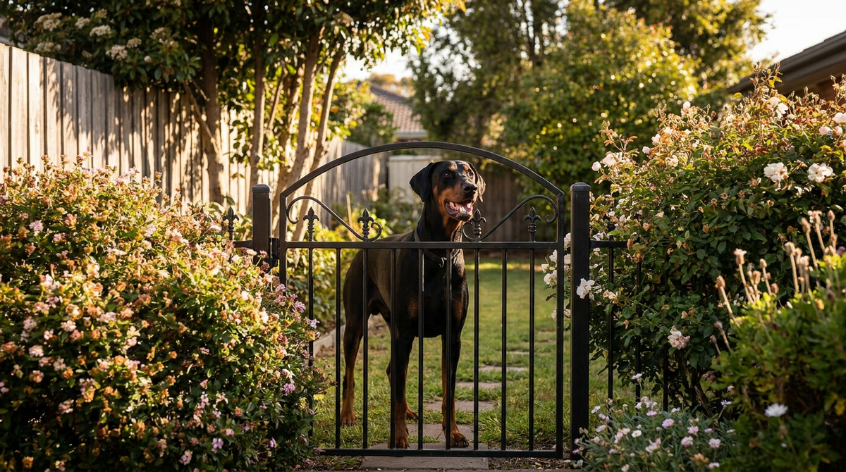 Doberman barking at a garden gate