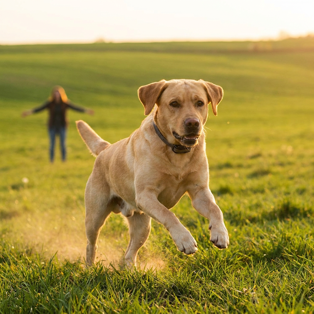 Labrador wearing an e-collar running back to its owner, the best shock collar for dogs that run away