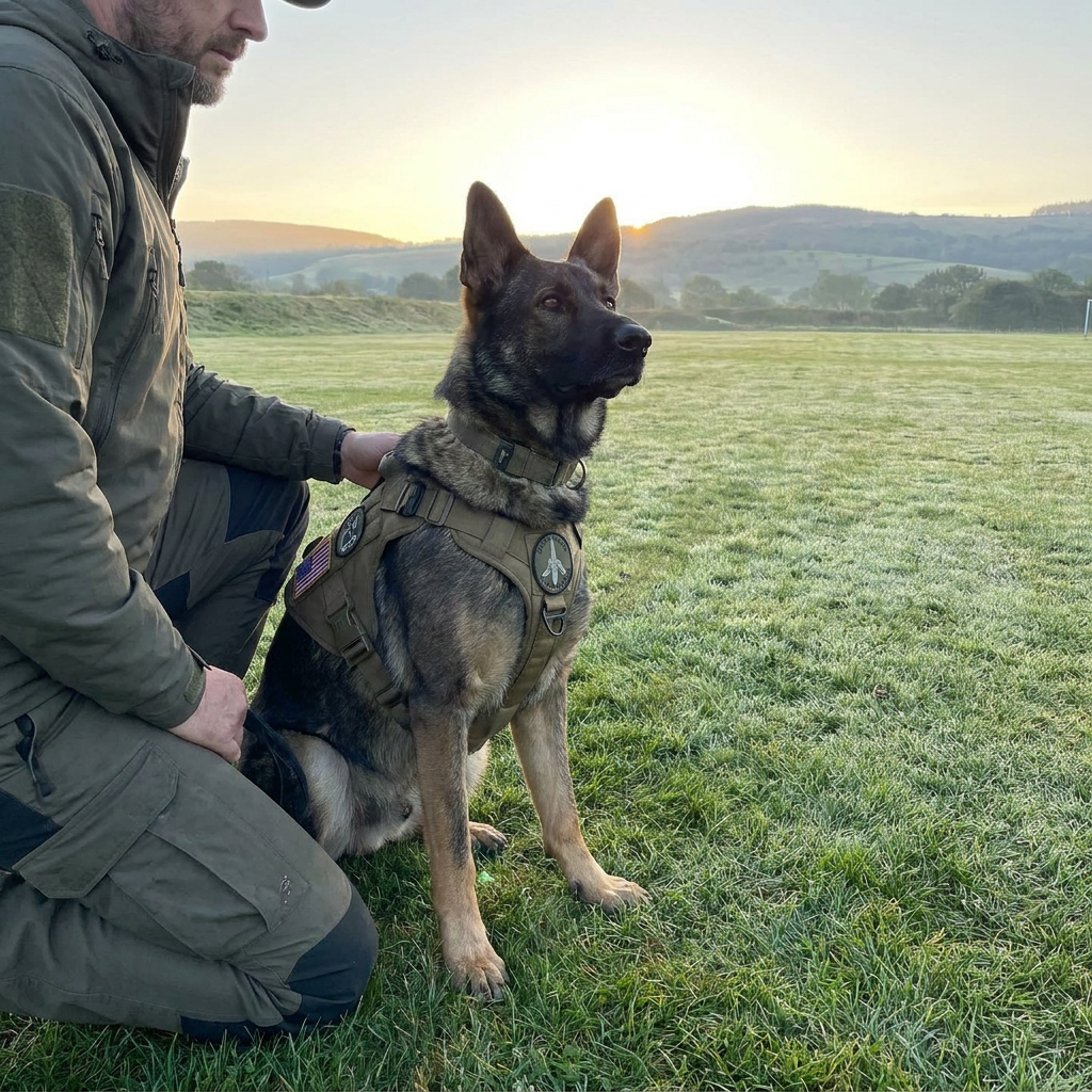 Top police dog breeds: an alert German Shepherd K9 working beside a handler in a training field