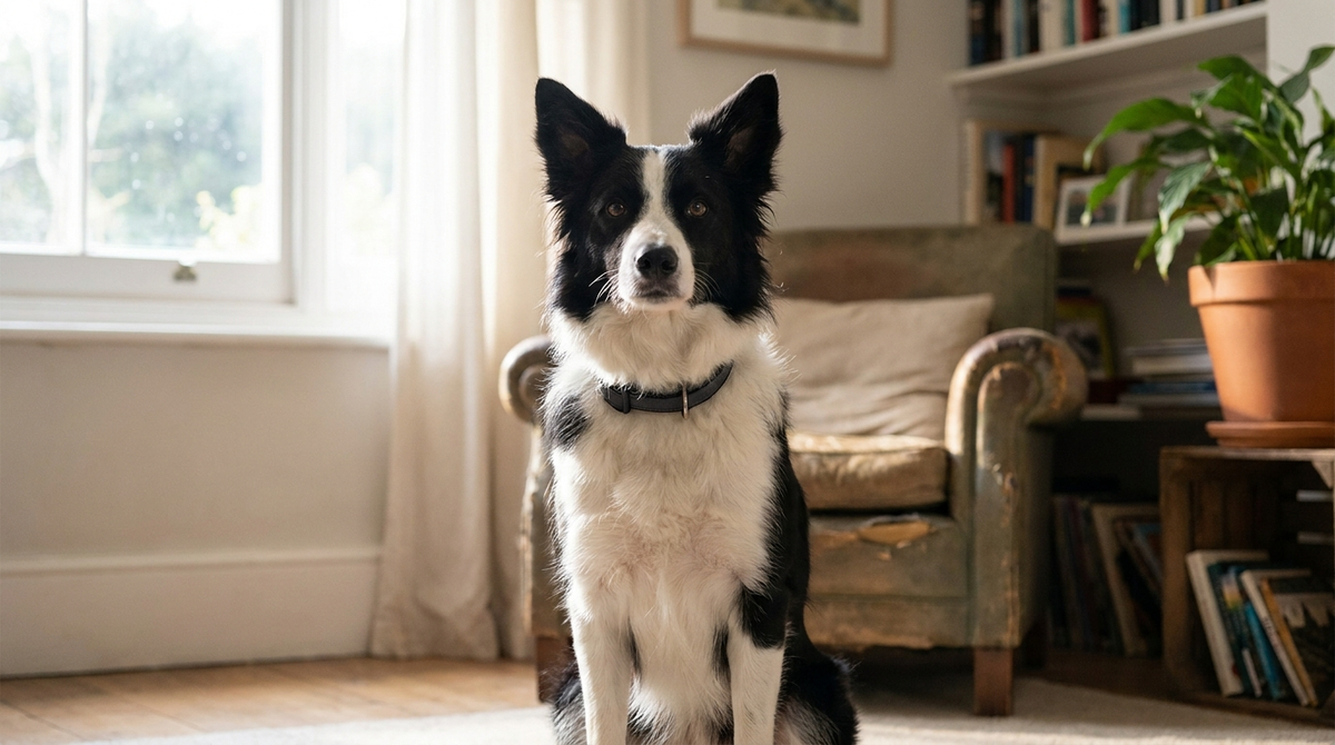 Border Collie sitting calmly indoors wearing a training collar