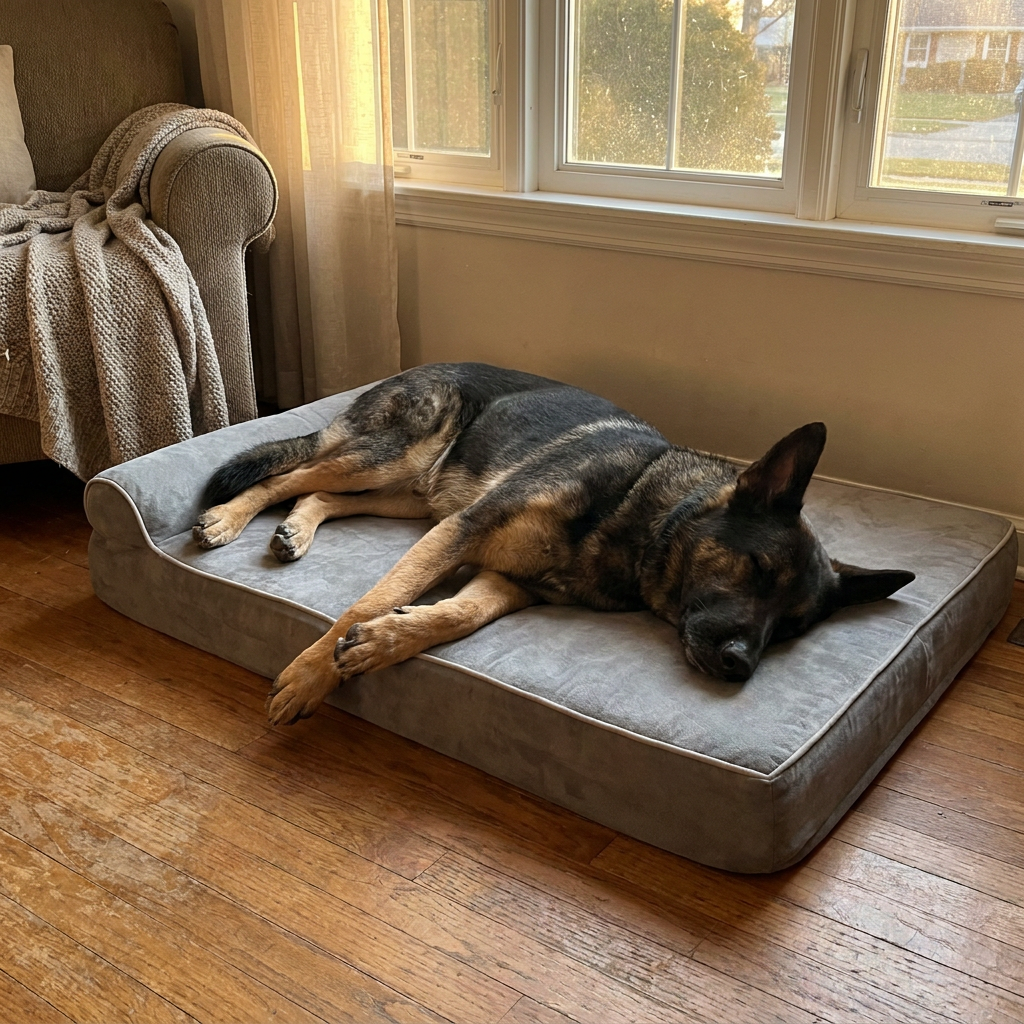 Large working breed dog resting on an orthopedic memory-foam bed after training