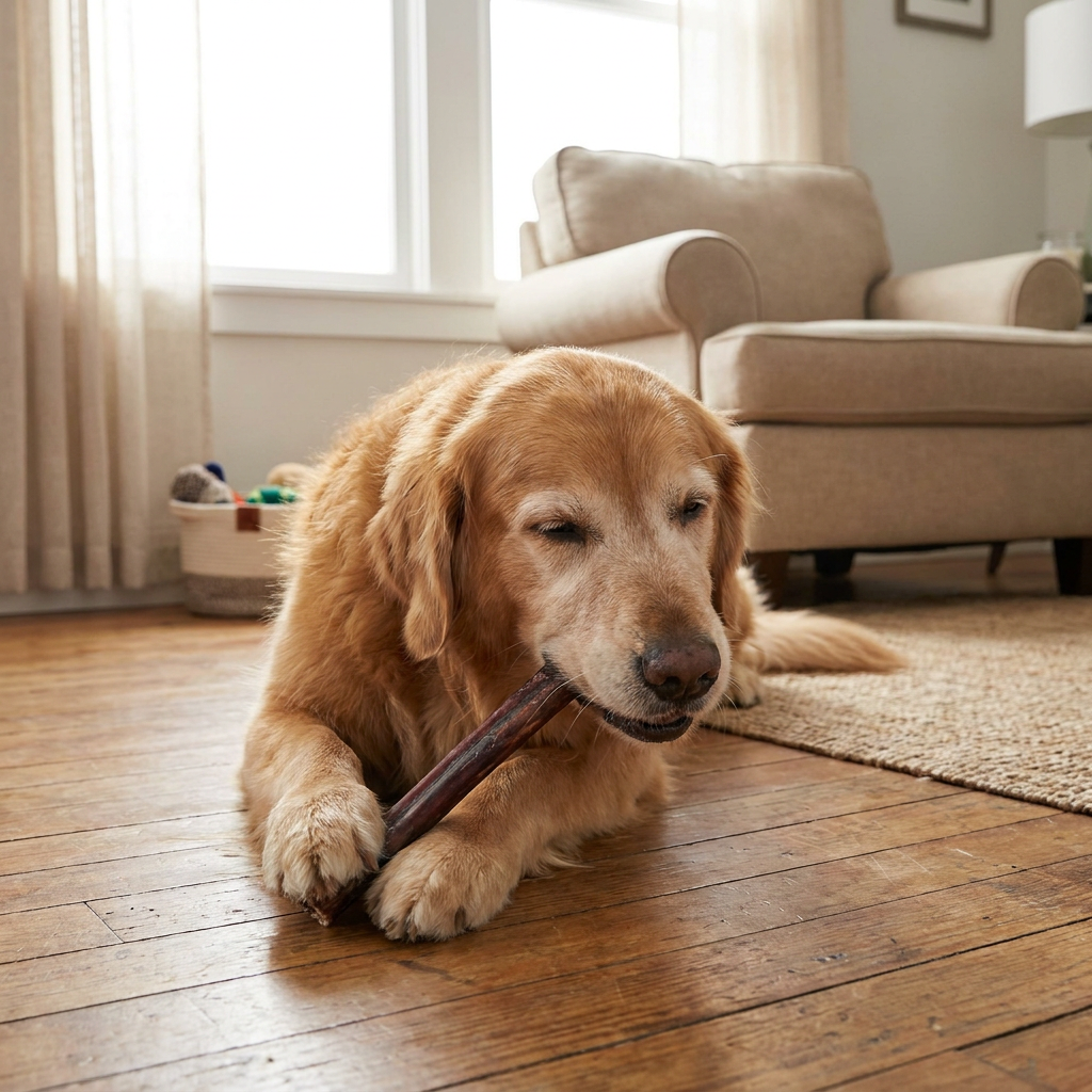 Dog enjoying a bully stick reward after a successful training session