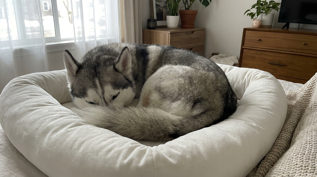 Siberian Husky sleeping curled with its tail over its nose on a white bolster dog bed