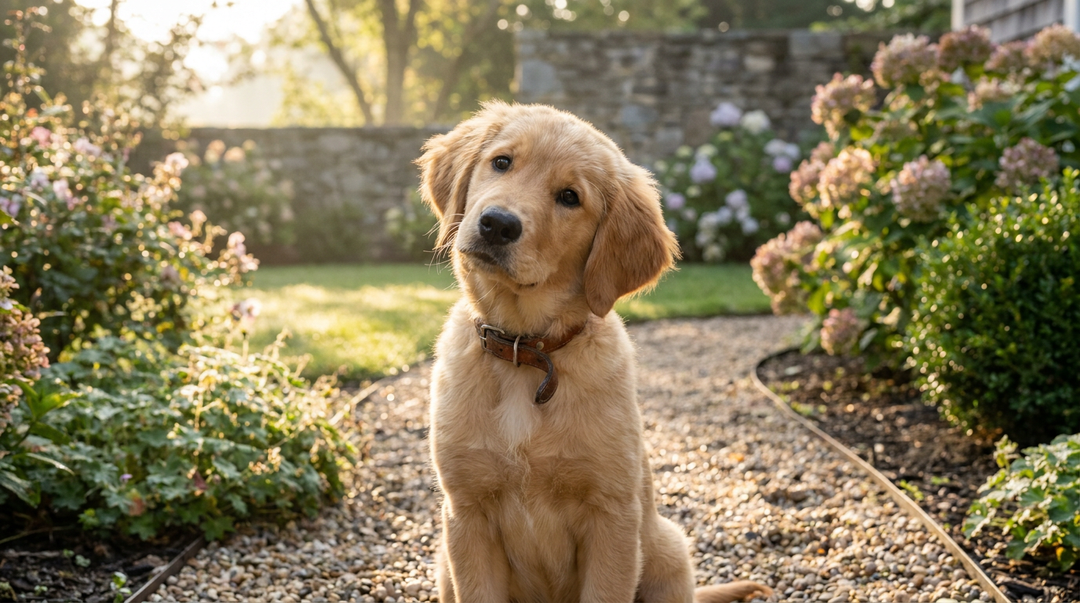 Golden Retriever puppy sitting on a garden path