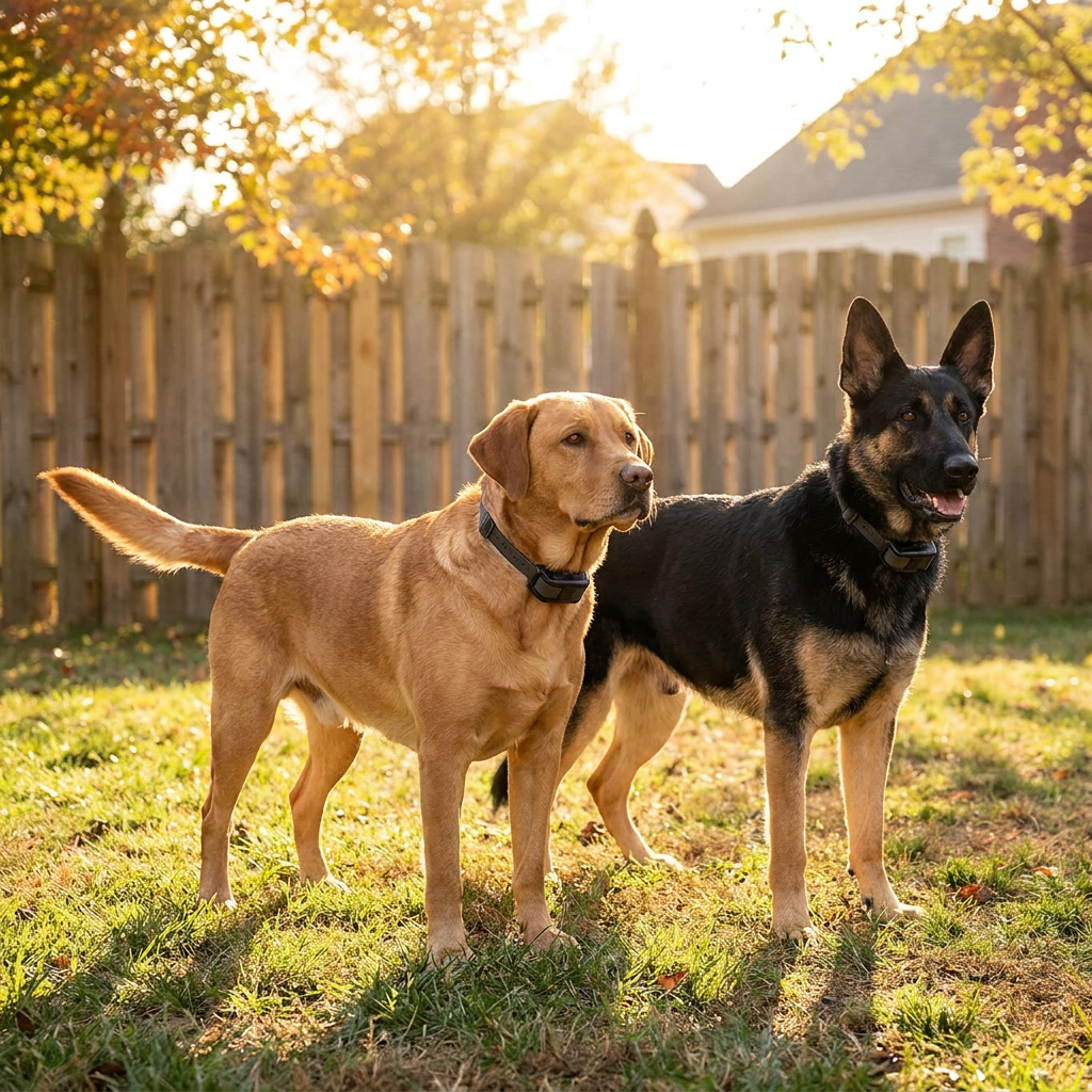 Two dogs sharing a wireless fence boundary in a backyard