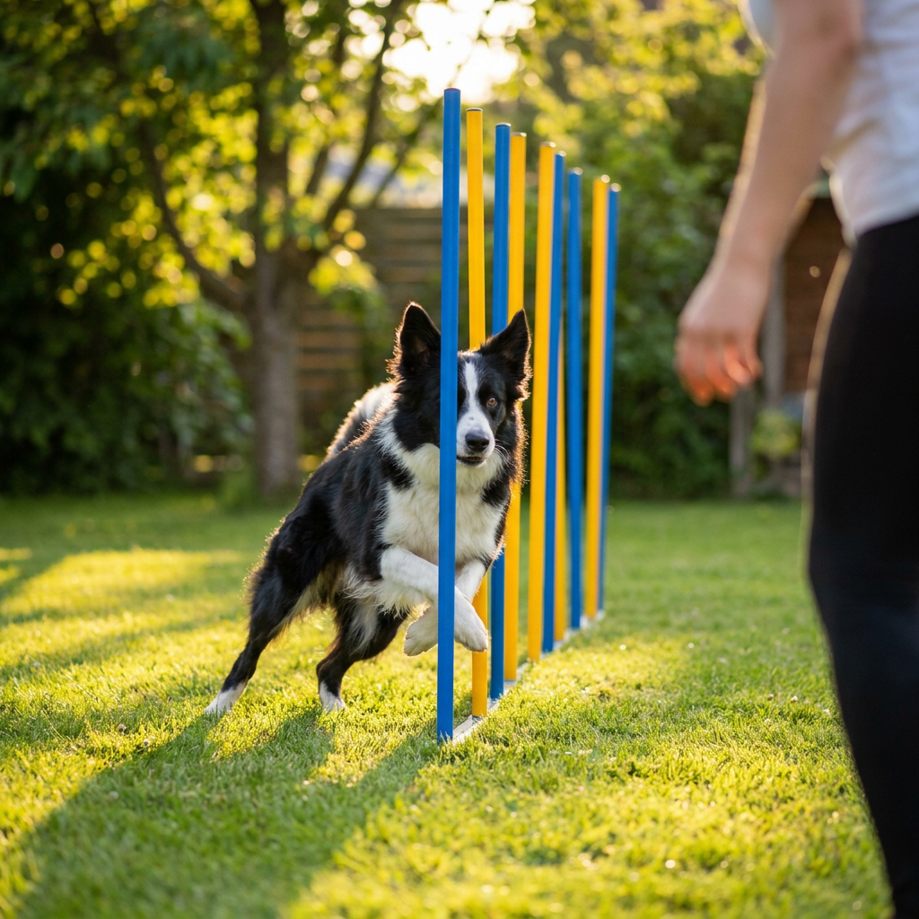 High energy dog breeds: a focused Border Collie working an agility course outdoors - INVIROX DOG TRAINING GEAR
