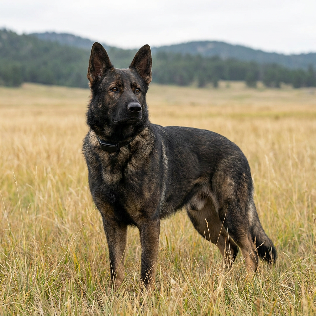 Strongest shock collar for dogs shown on an alert German Shepherd in an open field - INVIROX