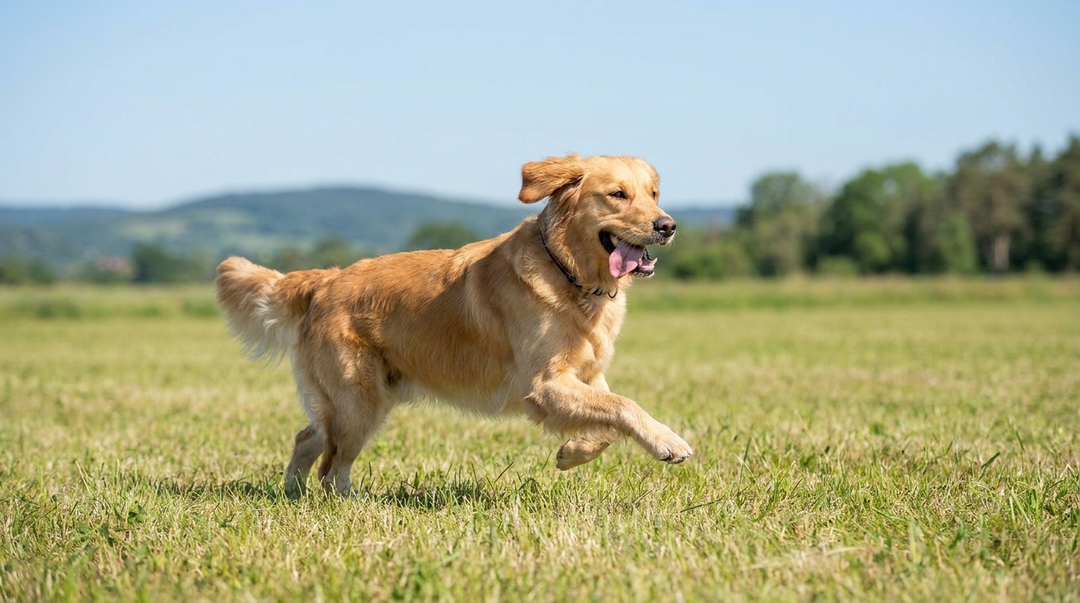 Golden Retriever running at distance across an open field wearing a training collar