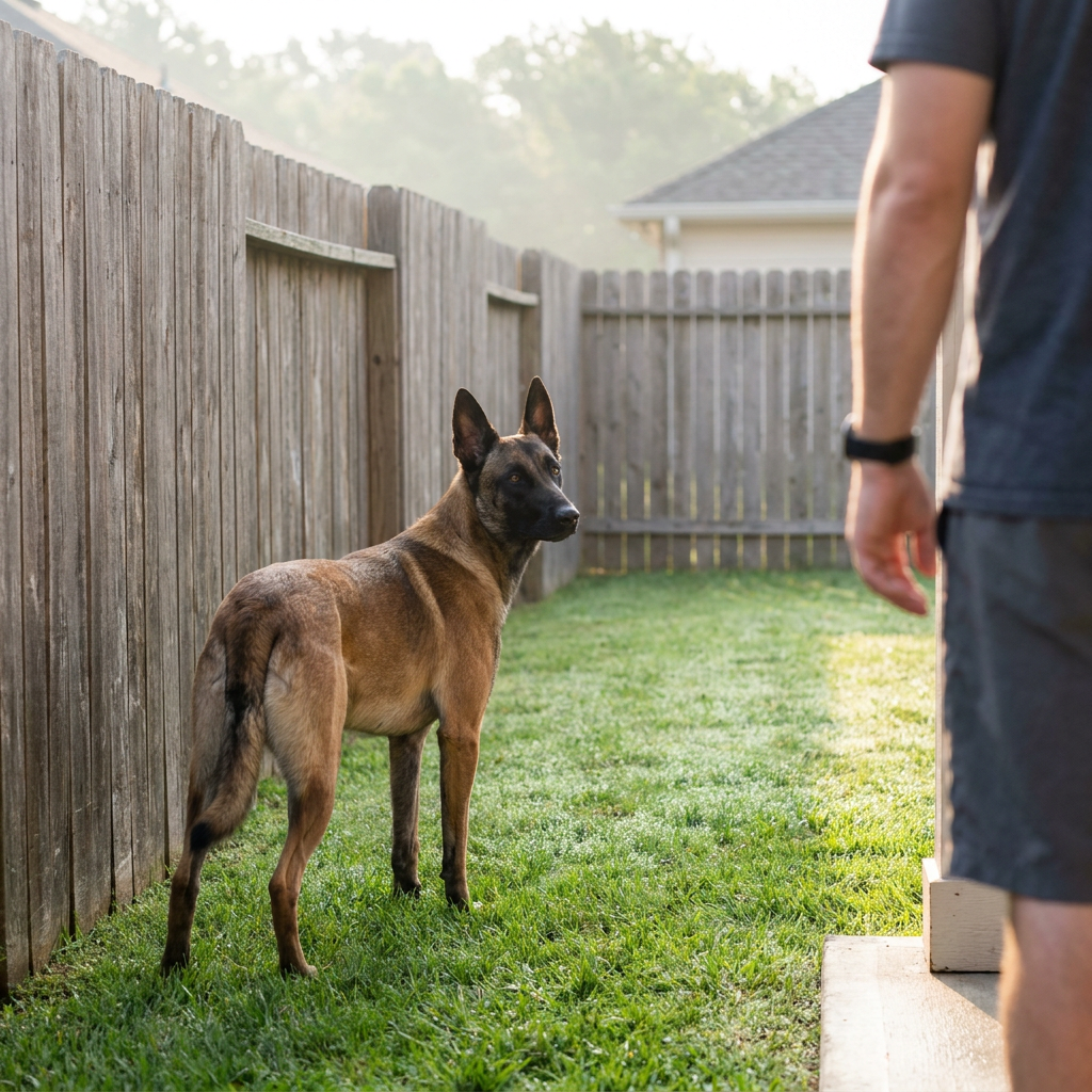 Dog standing near a backyard fence after learning to stop jumping the fence - INVIROX