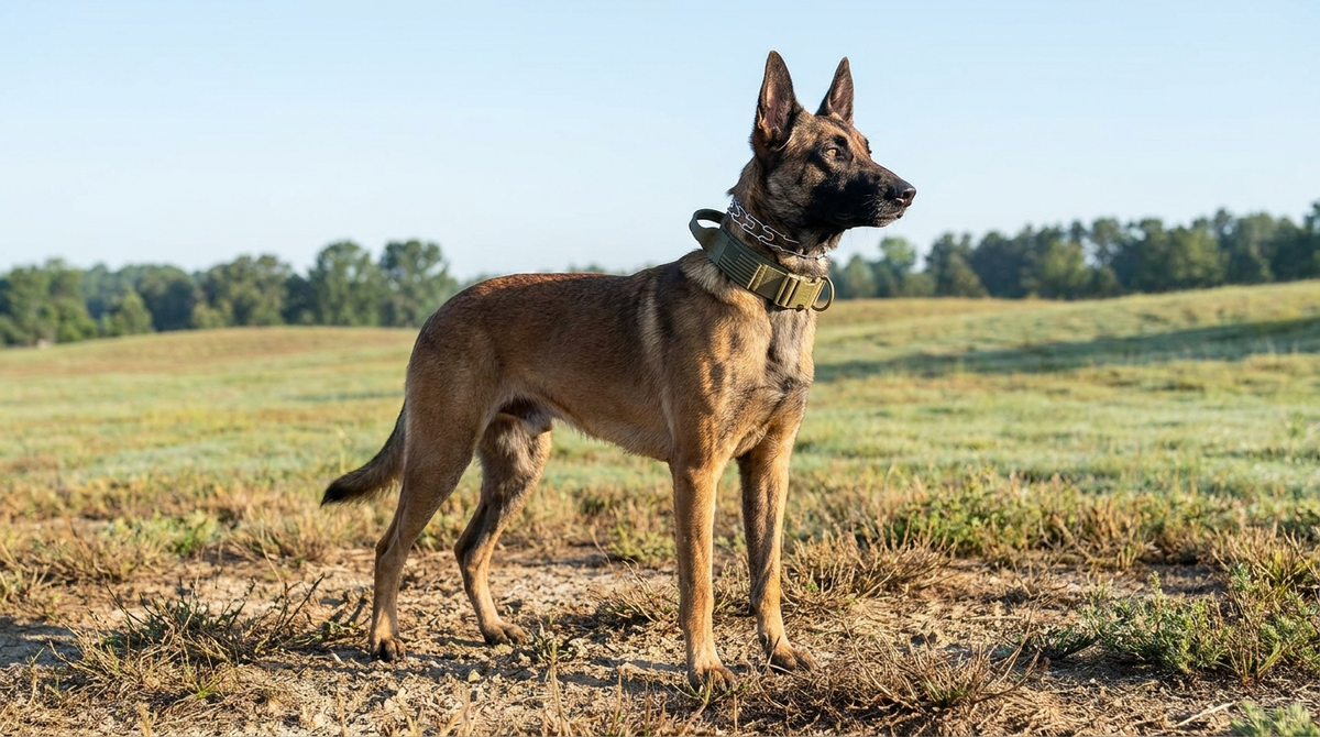 Belgian Malinois in a working stance wearing a training collar and tactical collar