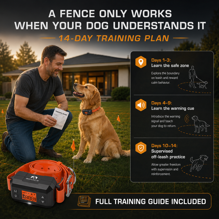 INVIROX GPS dog fence 14-day training plan: learn the safe zone, learn the warning cue, then supervised off-leash practice